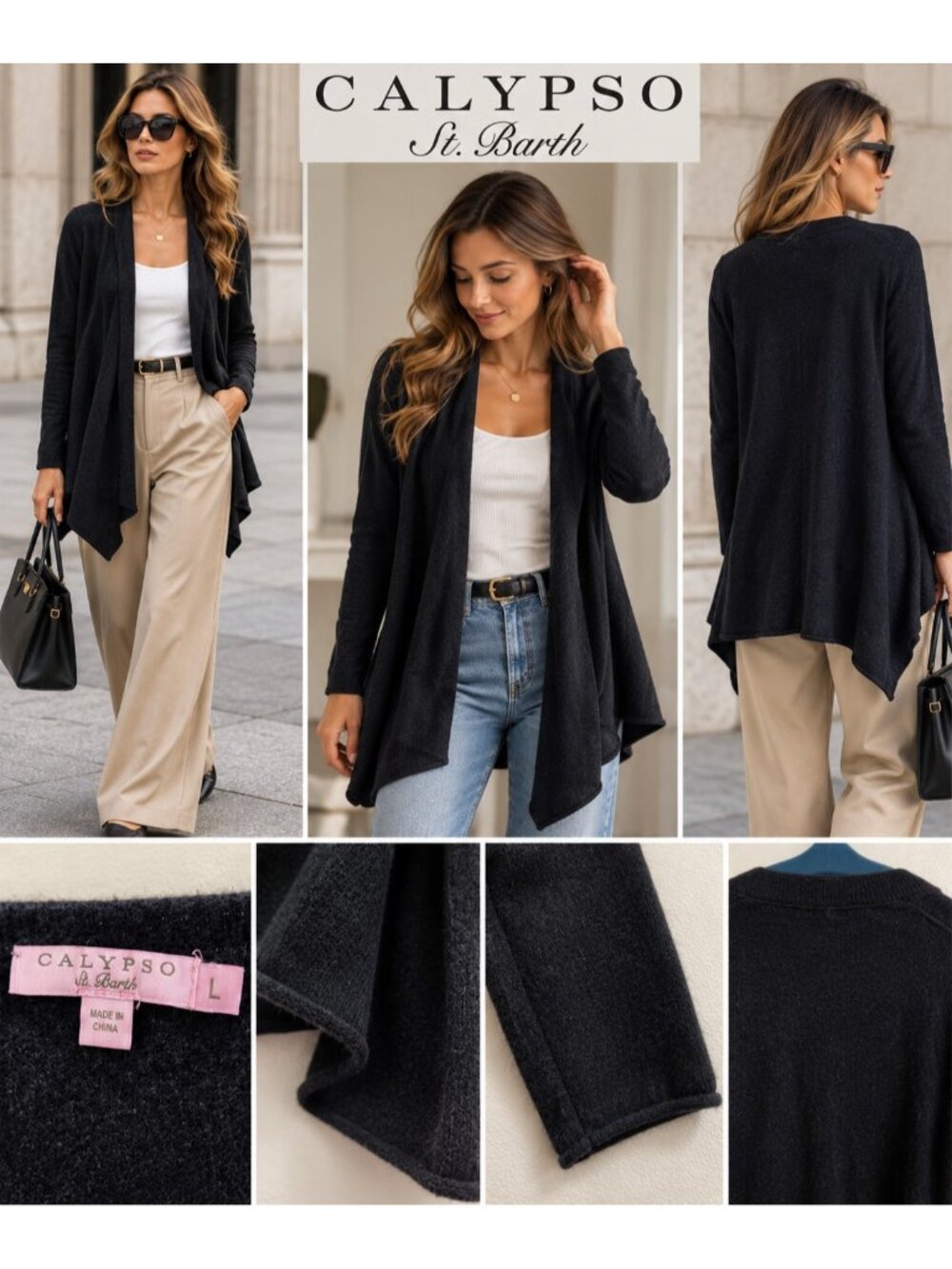 Calypso St. Barth 100% Cashmere Black Draped Open Front Cardigan Size L